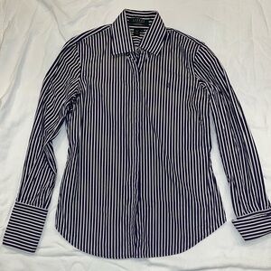 Ralph Lauren Petites Women's Tapered Violet and White Striped Button Down Shirt
